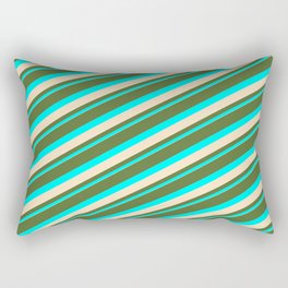[ Thumbnail: Dark Olive Green, Cyan & Bisque Colored Lined Pattern Rectangular Pillow ]