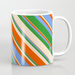 [ Thumbnail: Bisque, Red, Cornflower Blue & Forest Green Colored Stripes/Lines Pattern Coffee Mug ]