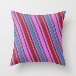 [ Thumbnail: Orchid, Red & Blue Colored Lined/Striped Pattern Throw Pillow ]