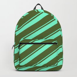[ Thumbnail: Dark Olive Green and Aquamarine Colored Lined Pattern Backpack ]