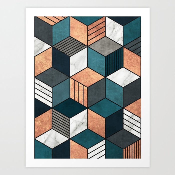 Copper, Marble and Concrete Cubes 2 with Blue Art Print