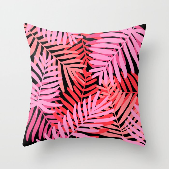 Tropical Palm Fern and Leaves Pattern (coral/pink/black) Throw Pillow
