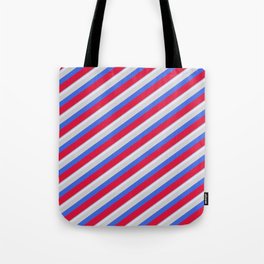 [ Thumbnail: Colorful Dark Gray, Lavender, Light Grey, Royal Blue, and Crimson Colored Stripes/Lines Pattern Tote Bag ]