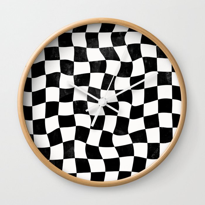 Black and White Warped Checkerboard Wall Clock