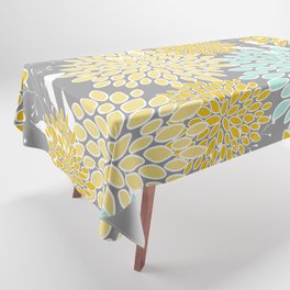 Floral Prints and Leaves, Gray, Yellow and Aqua Tablecloth