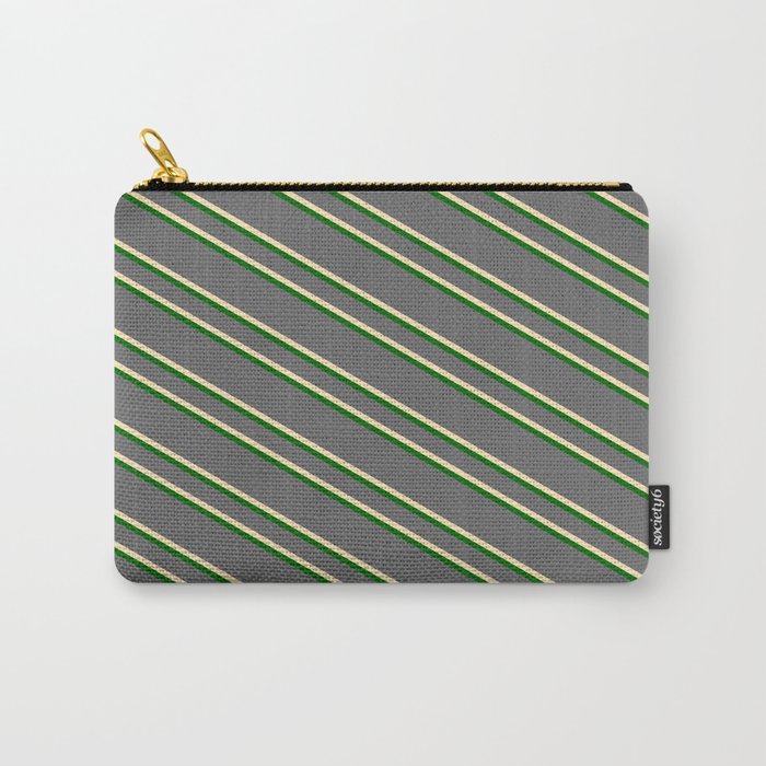 Dim Grey, Beige & Dark Green Colored Striped/Lined Pattern Carry-All Pouch