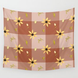 Yellow botanical terracotta gingham farmhouse pattern Wall Tapestry