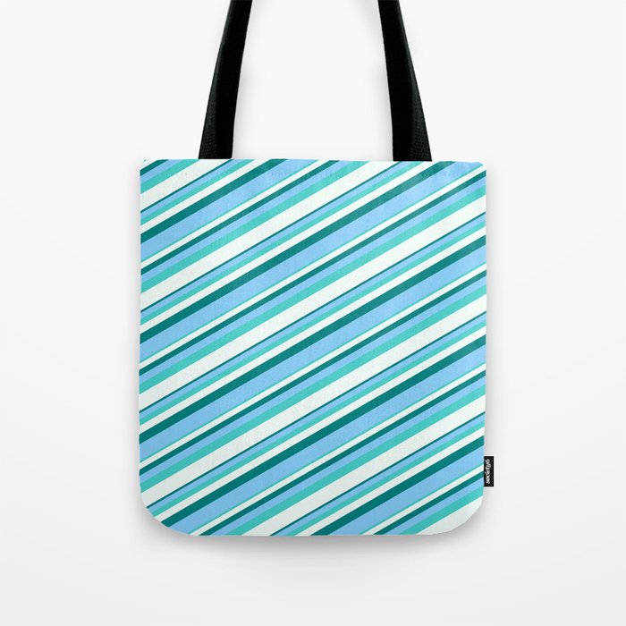 Teal, Light Sky Blue, Turquoise & Mint Cream Colored Striped Pattern Tote Bag