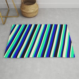 [ Thumbnail: Beige, Green, Blue, and Black Colored Striped/Lined Pattern Rug ]