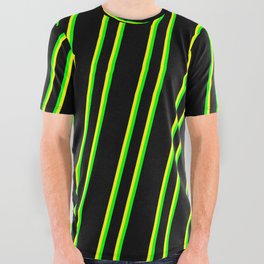 [ Thumbnail: Black, Yellow, and Lime Colored Pattern of Stripes All Over Graphic Tee ]