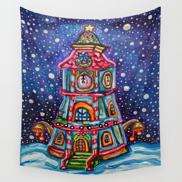 Vintage Christmas Clock Tower Painting Wall Tapestry