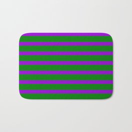 [ Thumbnail: Green & Dark Violet Colored Lined Pattern Bath Mat ]