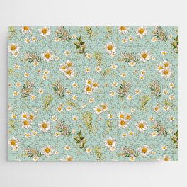 White Daisies Floral Pattern Seamless Sage Olive Green Jigsaw Puzzle