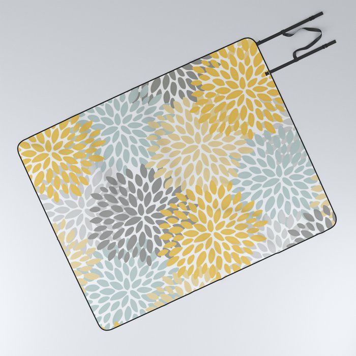 Floral Pattern, Yellow, Pale, Aqua and Gray Picnic Blanket