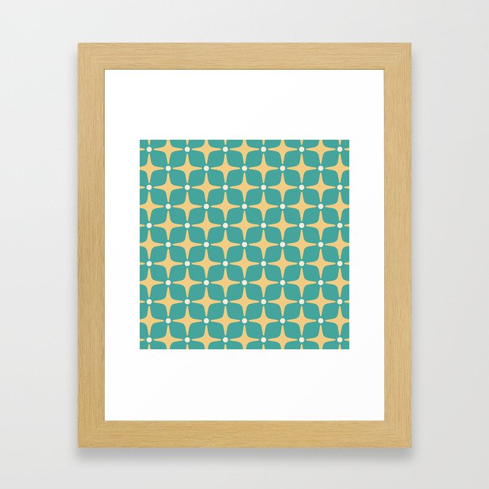 Mid Century Modern Star Pattern 143 Teal and Yellow Framed Art Print