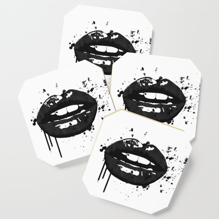 Black And White Glamour Fashion Lips Coaster By Alemi Society6