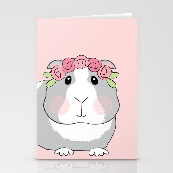 Adorable Grey Guinea Pig with Pink Rosebuds Stationery Cards