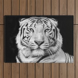 Black and white macro face portrait of white bengal tiger Outdoor Rug