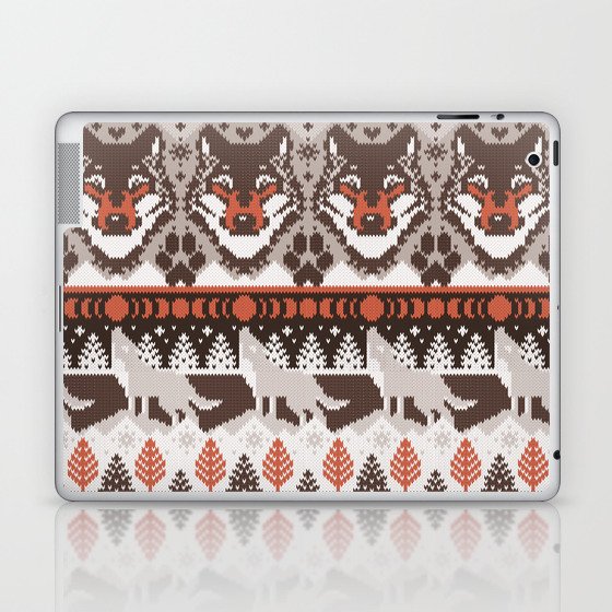 Fair isle knitting grey wolf // oak and taupe brown wolves orange moons and pine trees Laptop & iPad Skin