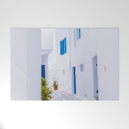 Alleyway in Greece | White Blue Bright Photograph in the Streets of the Greek Island Welcome Mat