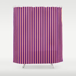 [ Thumbnail: Red, Tan, Purple & Dark Blue Colored Lined Pattern Shower Curtain ]