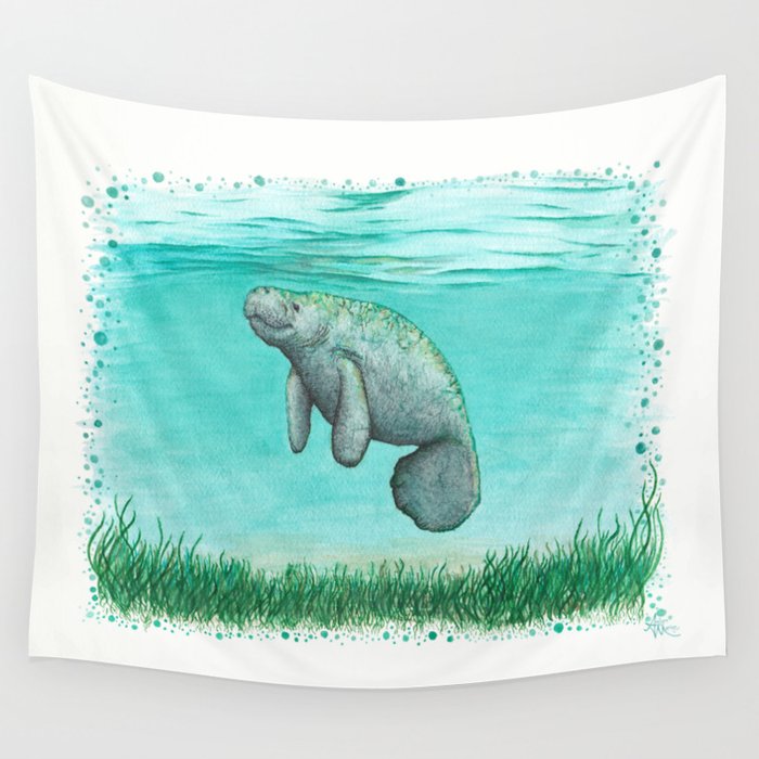 "Mossy Manatee" by Amber Marine ~ Watercolor & Ink Painting, (Copyright 2016) Wall Tapestry