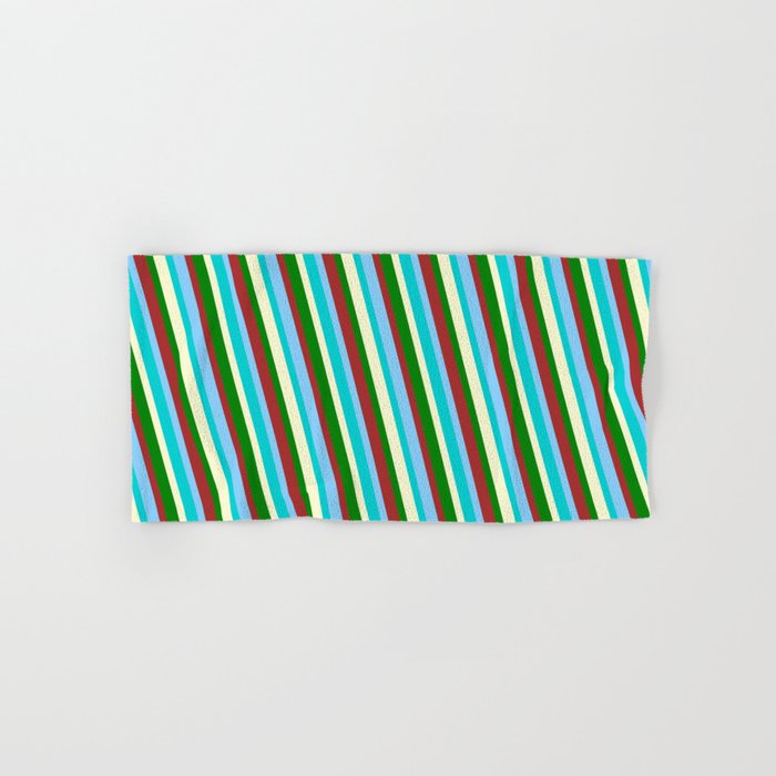 Colorful Brown, Light Sky Blue, Dark Turquoise, Light Yellow & Green Colored Lined/Striped Pattern Hand & Bath Towel