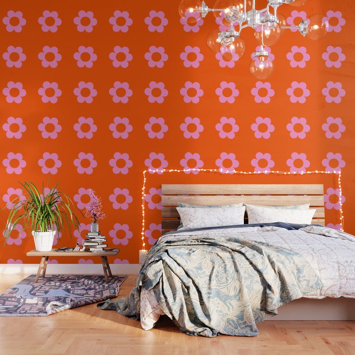 La Fleur | 01 - Retro Floral Print Orange And Pink Aesthetic Preppy Modern Abstract Flower Wallpaper