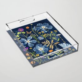 Cyanotype Painting (Hibiscus, Daisies, Cosmos, Ferns, Monarch) Acrylic Tray