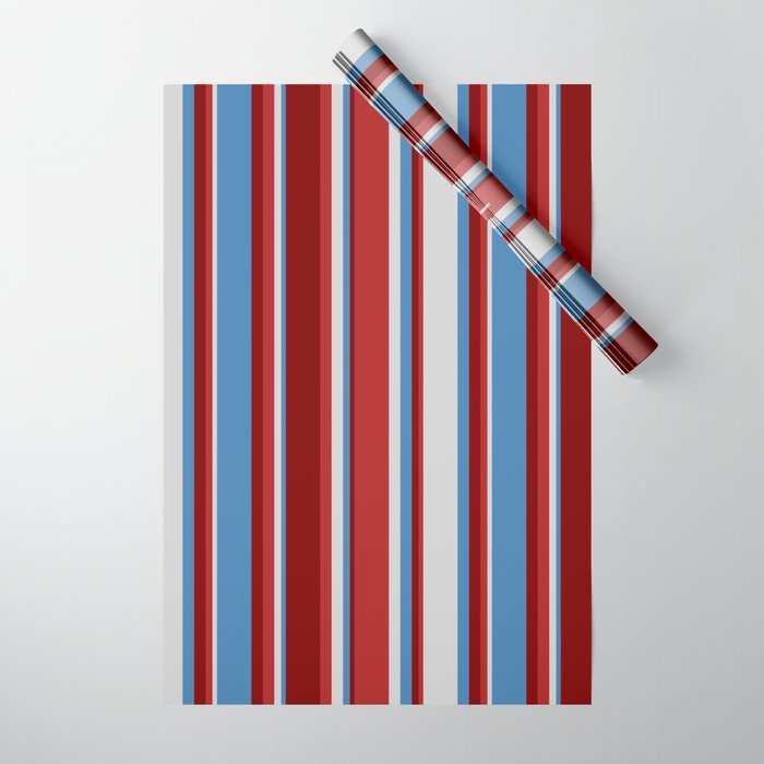 Blue, Light Gray, Red, and Maroon Colored Pattern of Stripes Wrapping Paper