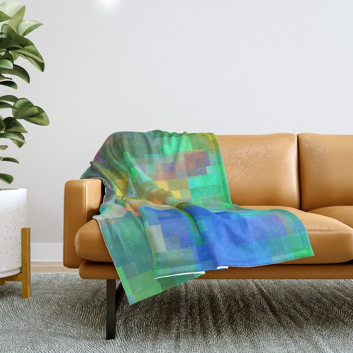 geometric pixel square pattern abstract background in green blue pink Throw Blanket