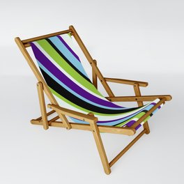 [ Thumbnail: Colorful Green, Mint Cream, Indigo, Sky Blue & Black Colored Lines/Stripes Pattern Sling Chair ]
