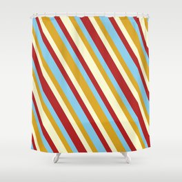 [ Thumbnail: Red, Sky Blue, Goldenrod, and Light Yellow Colored Lined Pattern Shower Curtain ]