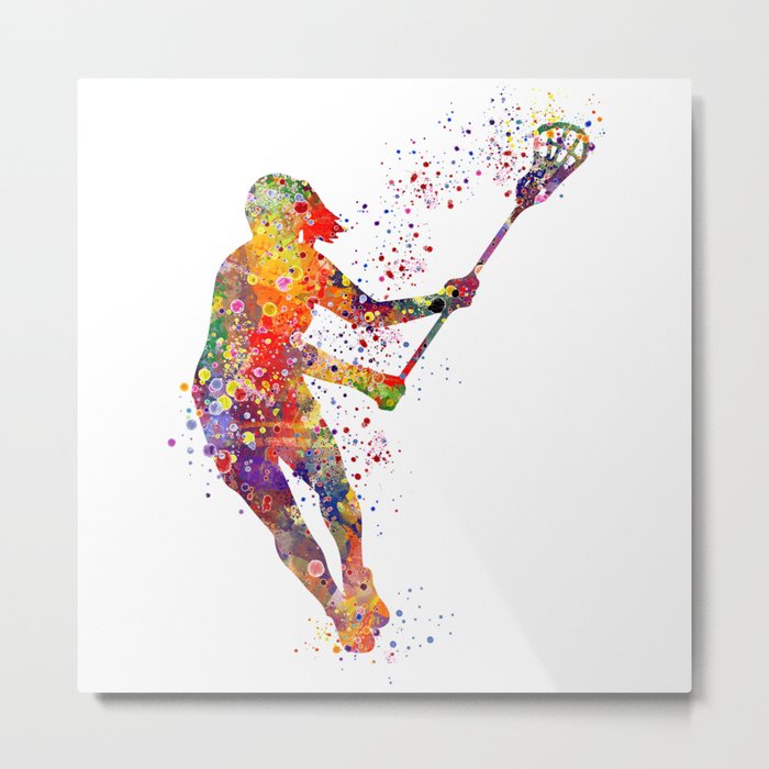 Lacrosse Girl Watercolor Metal Print