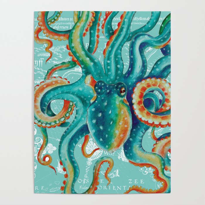 Teal Octopus On Light Teal Vintage Map Poster
