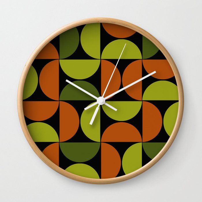 Mid century geometric pattern on black background 2 Wall Clock