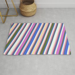 [ Thumbnail: Orchid, Dark Olive Green, Royal Blue, Mint Cream, and Tan Colored Stripes Pattern Rug ]
