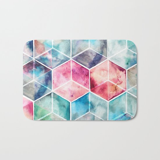 Translucent Watercolor Hexagon Cubes Bath Mat