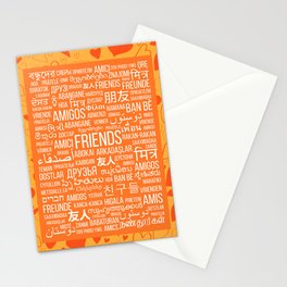 The word "Friends" in different languages of the world on an orange background with hearts Stationery Cards