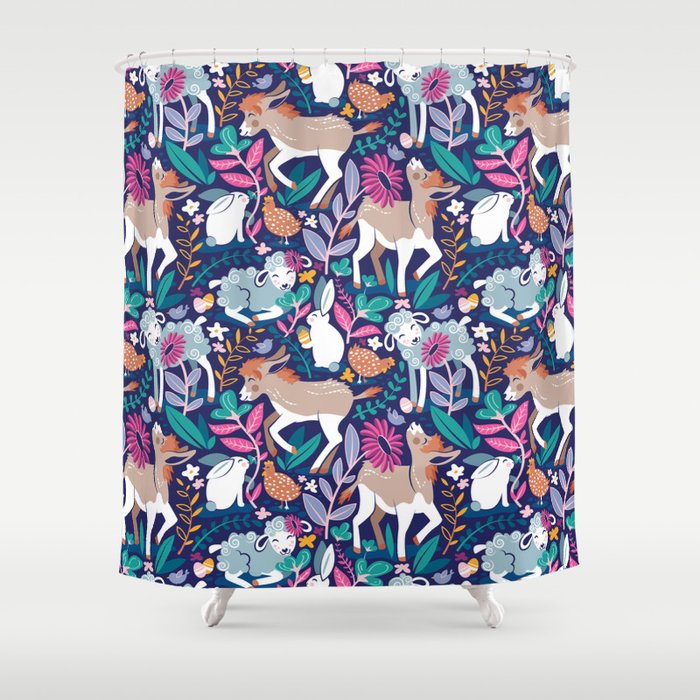 Spring Joy // navy blue background pale blue lambs and brown taupe donkeys blue mint and pink garden Shower Curtain