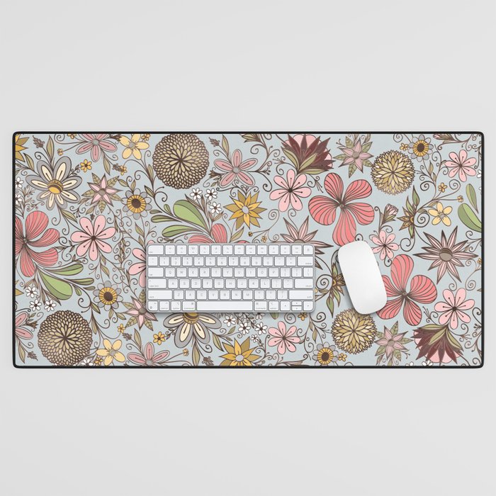 Cute Girly Old Rose Pink Floral Doodles Design Desk Mat