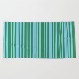 [ Thumbnail: Sea Green and Sky Blue Colored Stripes/Lines Pattern Beach Towel ]
