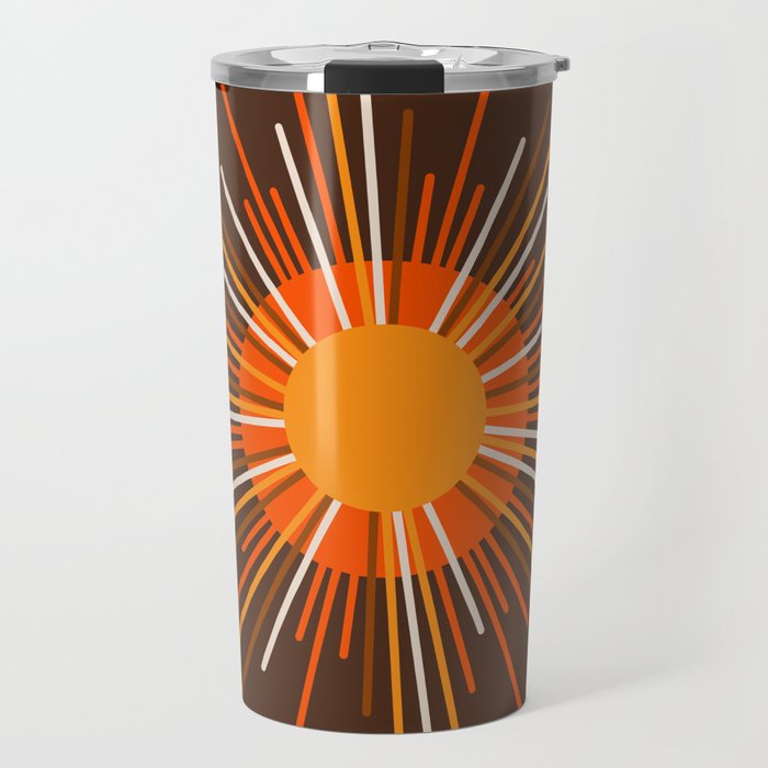 Retro Minimalist Sunburst Sun in 70s Brown and Orange Travel Mug