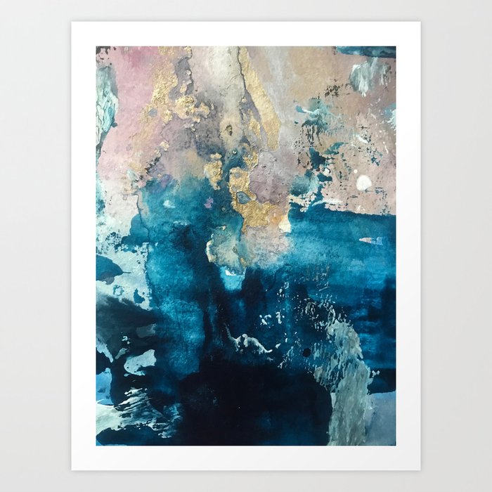 Timeless: A gorgeous, abstract mixed media piece in blue, pink, and gold by Alyssa Hamilton Art Art Print