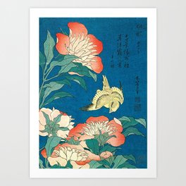 Katsushika Hokusai Peonies and Canary 1834 Art Print