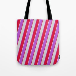 [ Thumbnail: Orchid, Crimson, and Light Grey Colored Stripes/Lines Pattern Tote Bag ]