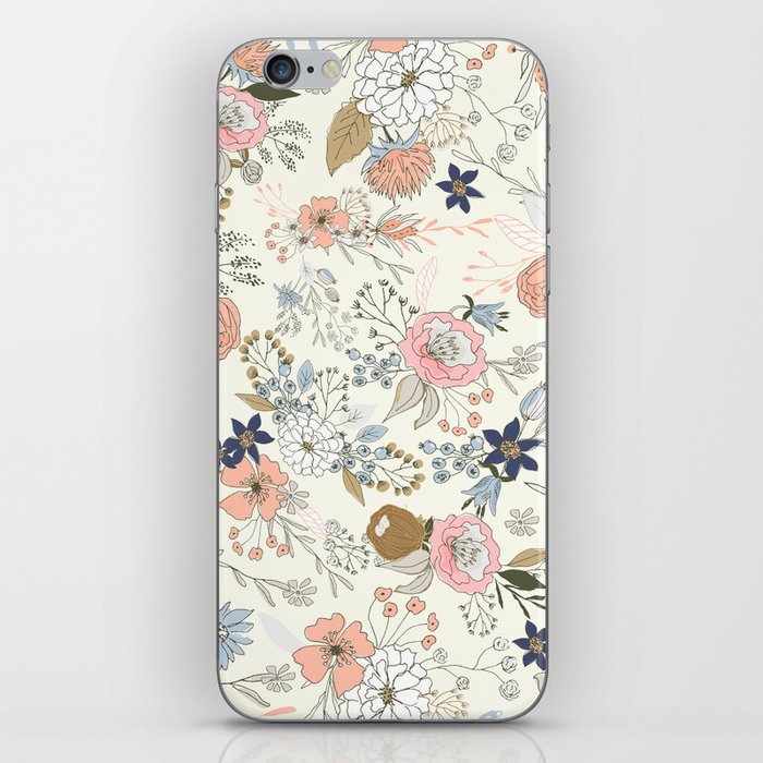 Ivory pink coral navy blue gold retro flowers iPhone Skin