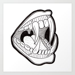 Fang Mouth Art Print | Scary, Illustration, Black and White 