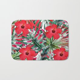 Tropical Red Pink Forest Green Palm Tree Floral Bath Mat | Forestgreen, Foliage, Summer, Monsterleaves, Tropical, Watercolor, Palmtreeleaves, Botanical, Trendy, Eclectic 