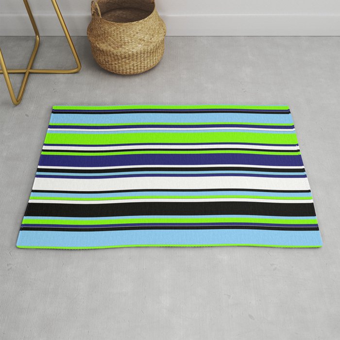 Colorful Light Sky Blue, Chartreuse, Midnight Blue, White & Black Colored Striped/Lined Pattern Rug
